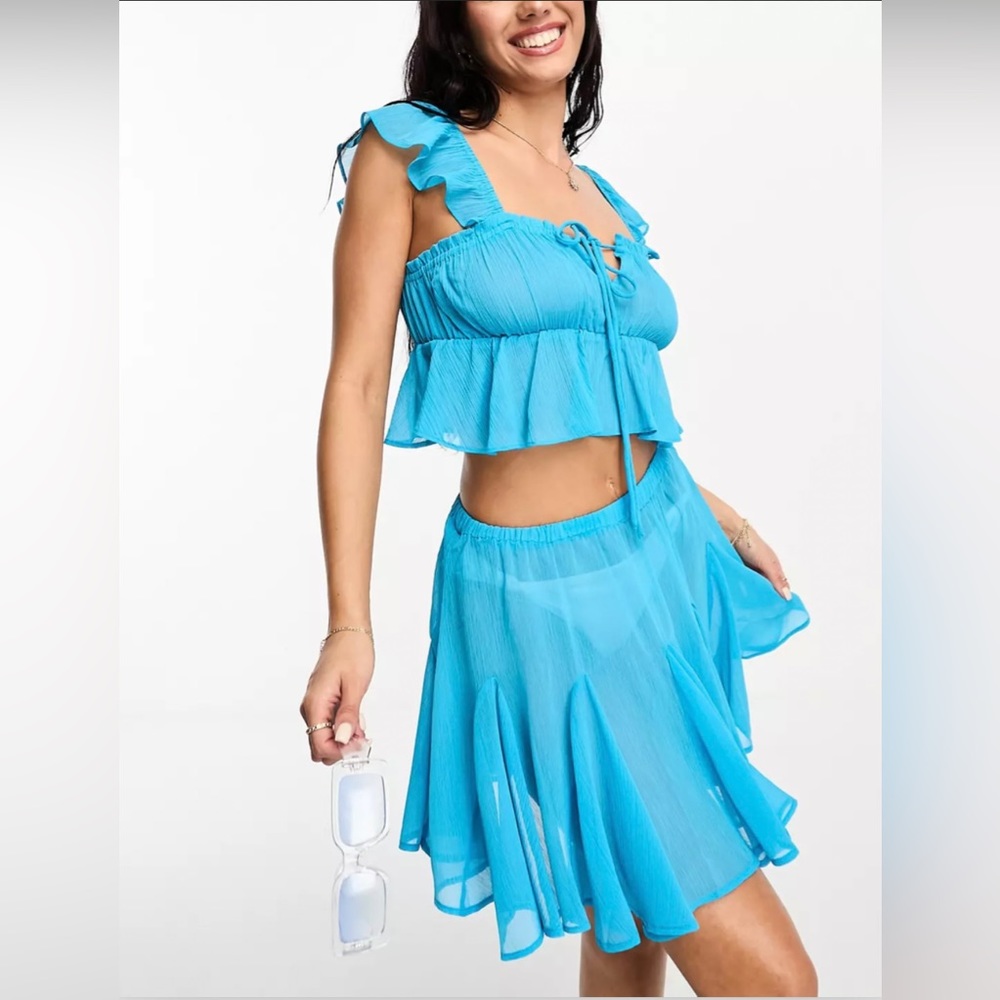 ASOS DESIGN Bright Blue Beach Set- frill skirt and crop top set in chiffon.